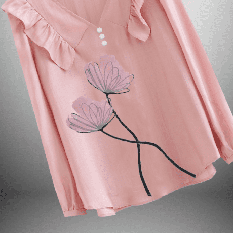 Peach Pink Regular Top with Front Frills and hand Painted Floral Motif-RET106